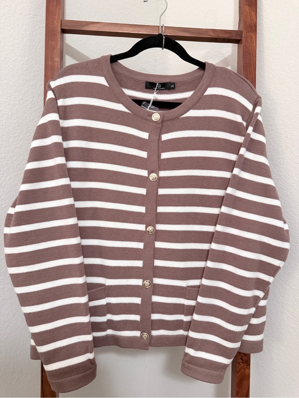 Striped Button-Front Cardigan Sweater - Cream & Brown